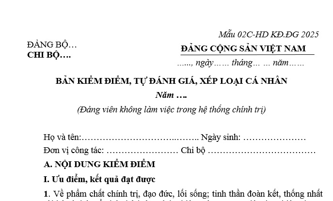 Mẫu bản kiểm điểm tự đánh giá xếp loại cuối năm 2025 dành cho Đảng viên không làm việc trong hệ thống chính trị.