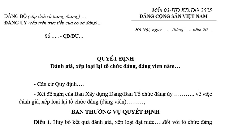 mẫu quyết định đánh giá xếp loại lại tổ chức đảng, đảng viên