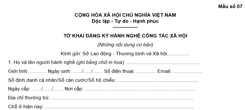 Tờ khai đăng ký hành nghề công tác xã hội