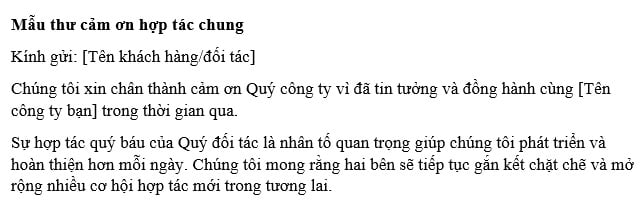 Thư cảm ơn đối tác - khách hàng