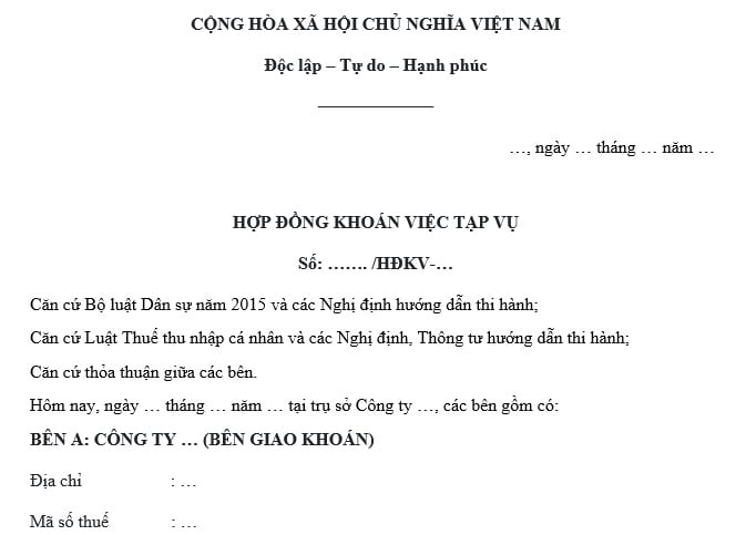 Mẫu hợp đồng khoán việc tạp vụ mới nhất