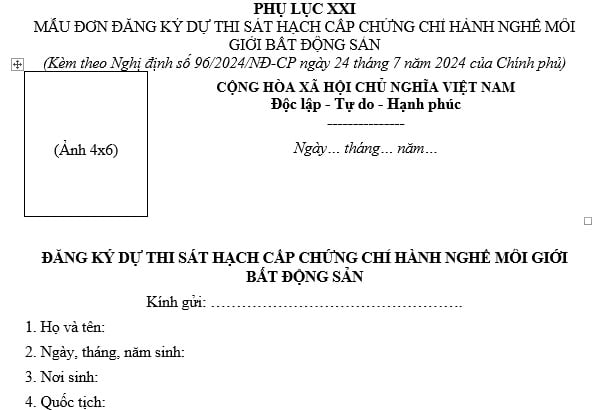 đơn đăng ký dự thi sát hạch cấp chứng chỉ hành nghề môi giới bất động sản
