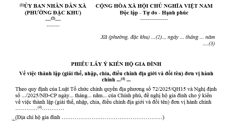 Phiếu lấy ý kiến hộ gia đình về việc thành lập đơn vị hành chính 