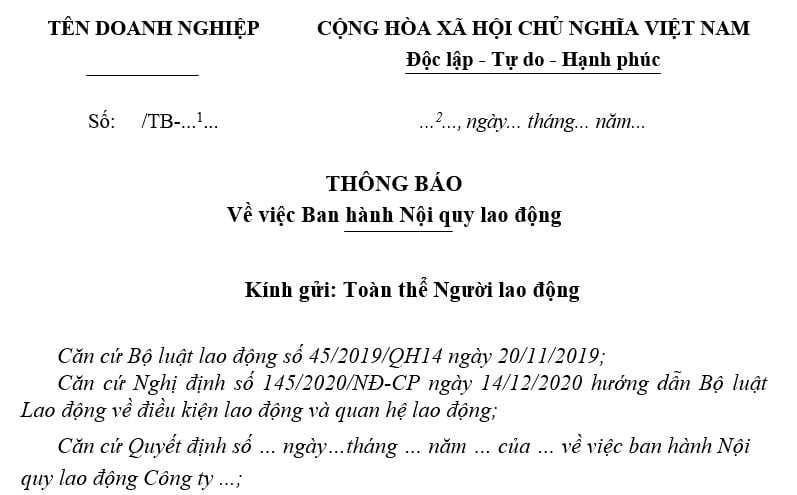 Thông báo về việc ban hành nội quy lao động