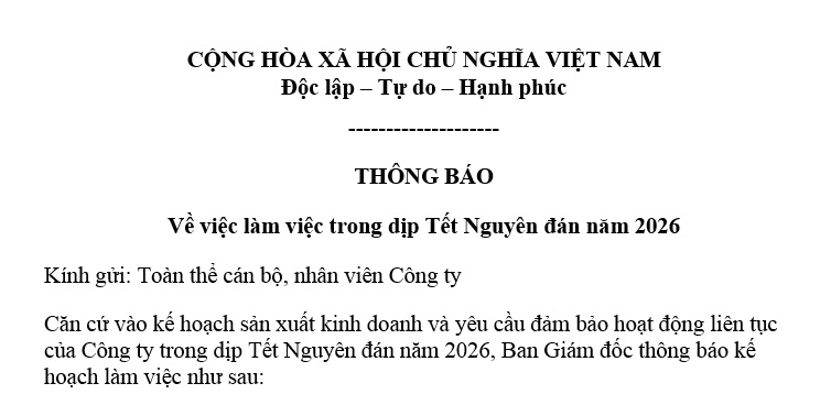 Thông báo làm việc trong dịp Tết Âm lịch 2026
