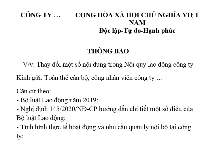 thông báo thay đổi nội quy lao động