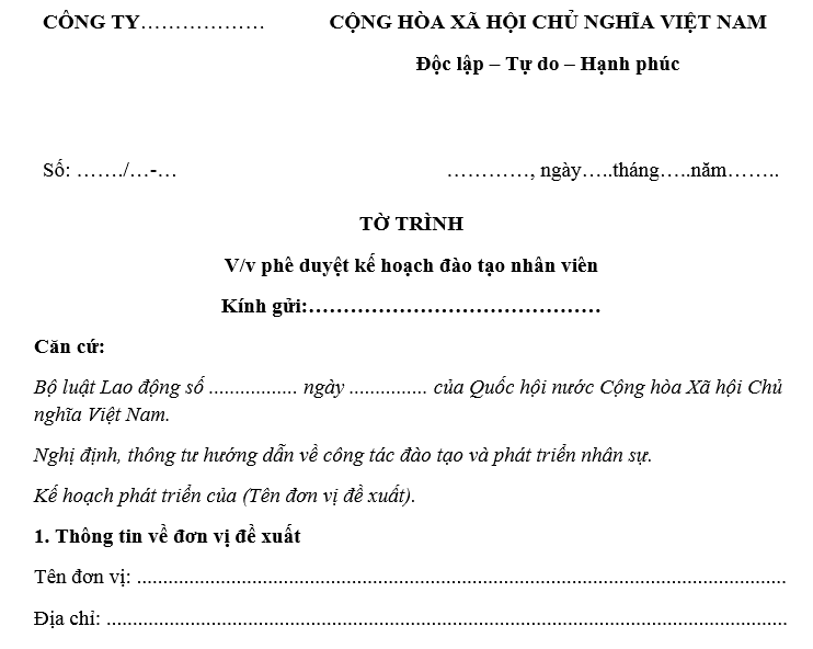 Mẫu Tờ trình xin phê duyệt kế hoạch đào tạo nhân viên mới nhất hiện nay ...
