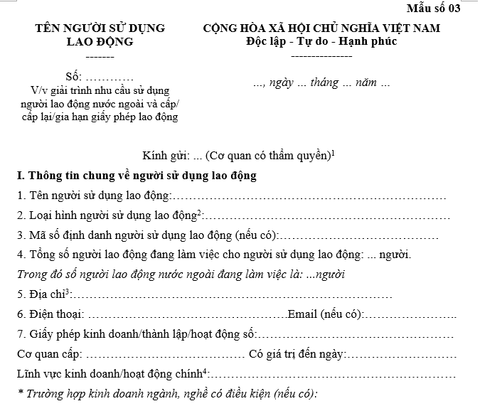 Mẫu đơn đề nghị cấp giấy phép lao động cho người nước ngoài mới nhất hiện nay?