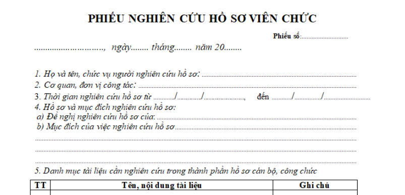 Phiếu nghiên cứu hồ sơ viên chức