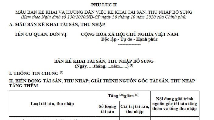 Mẫu bản kê khai tài sản thu nhập bổ sung