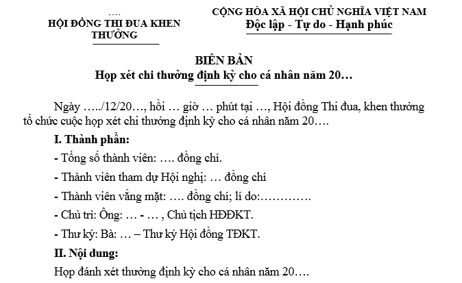 Mẫu Biên bản họp xét chi thưởng định kỳ theo Nghị định 73