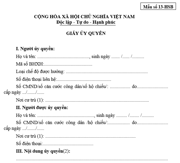 Mẫu giấy ủy quyền nhận lương hưu