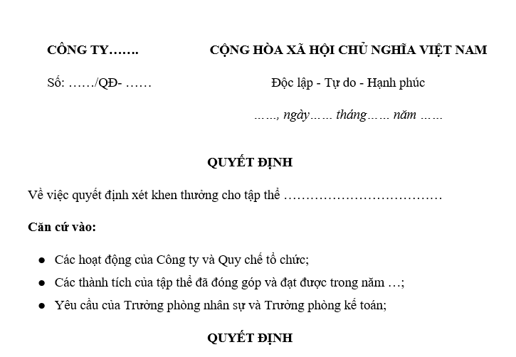 quyết định thưởng cho nhân viên cuối năm 2024