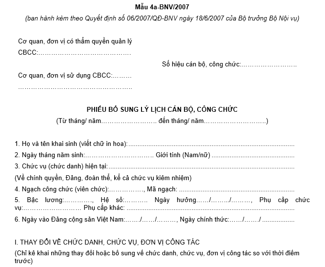 Mẫu phiếu bổ sung lý lịch cán bộ công chức