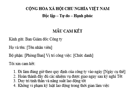 Mẫu Cam kết đi làm lại sau nghỉ Tết Nguyên đán