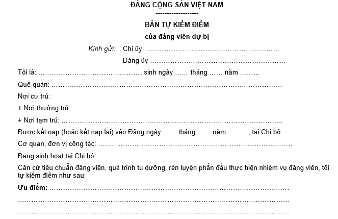 bản tự kiểm điểm đảng viên dự bị