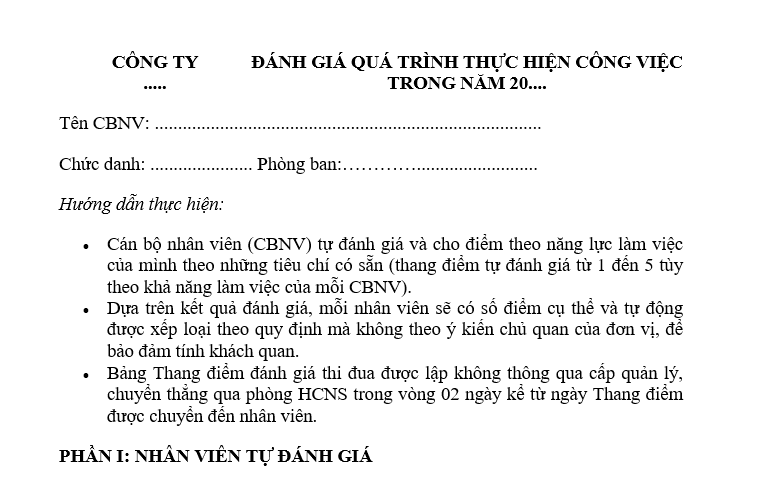 Mẫu bảng đánh giá quá trình thực hiện công việc trong năm 2024 như thế nào?