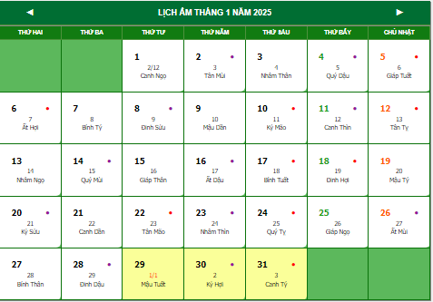 Lịch âm tháng 12 2024