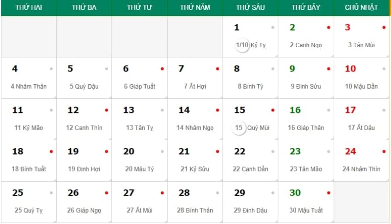 lịch âm tháng 11