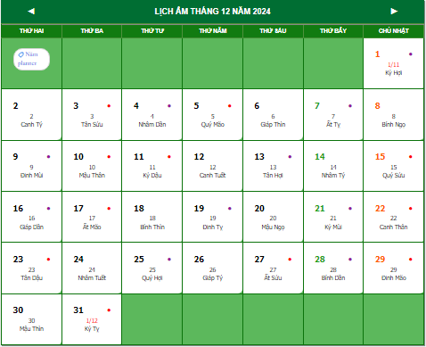 lịch âm tháng 12 năm 2024