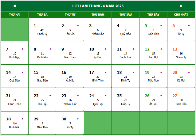 lịch âm tháng 3