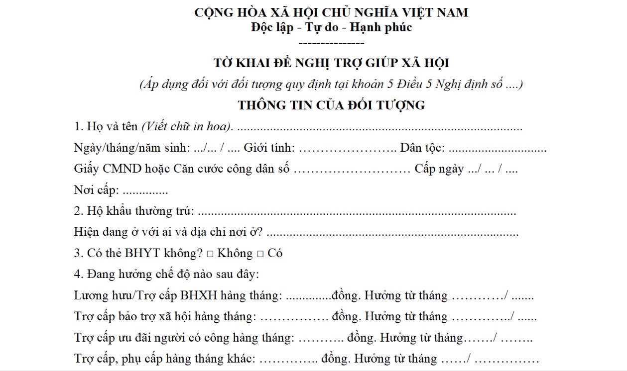 Hồ sơ thực hiện trợ cấp xã hội hàng tháng