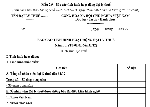 Mẫu báo cáo tình hình hoạt động đại lý thuế