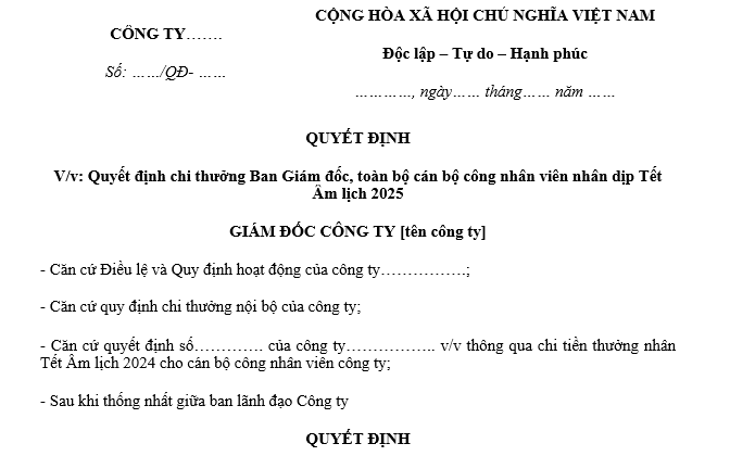 Mẫu quyết định thưởng tết âm lịch 2025