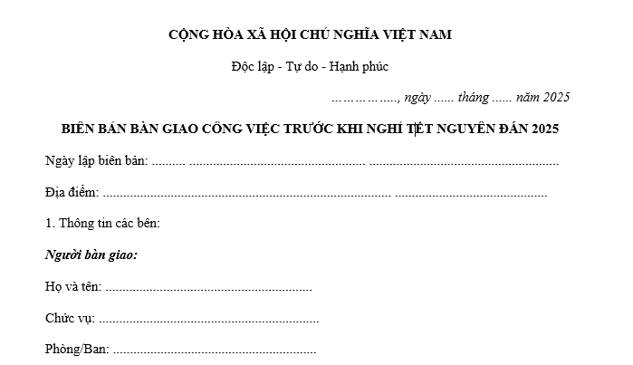 Mẫu biên bản bàn giao công việc