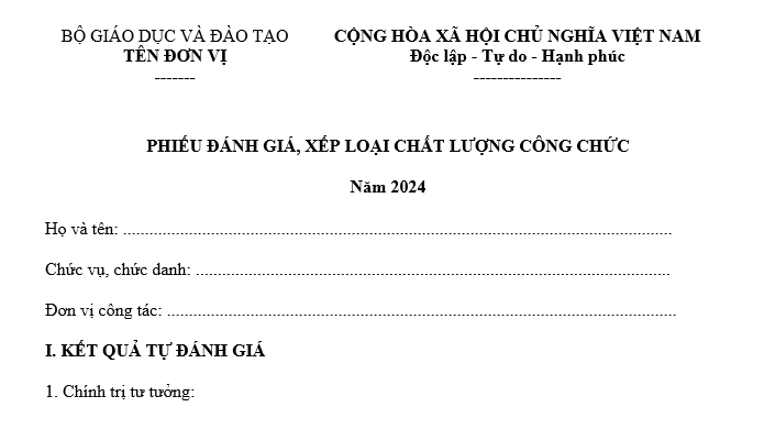 mẫu phiếu đánh giá xếp loại chất lượng công chức năm 2024