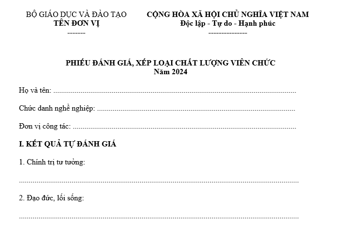 Mẫu phiếu đánh giá xếp loại giáo viên cuối năm 2024 mới nhất?