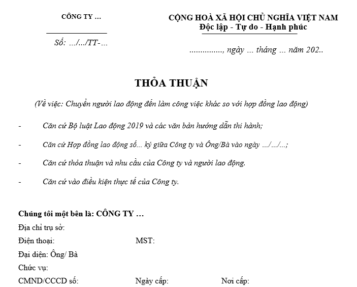 Mẫu quyết định chuyển người lao động làm công việc khác so với hợp đồng lao động