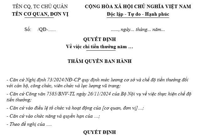 Mẫu Quyết định chi tiền thưởng theo Nghị định 73