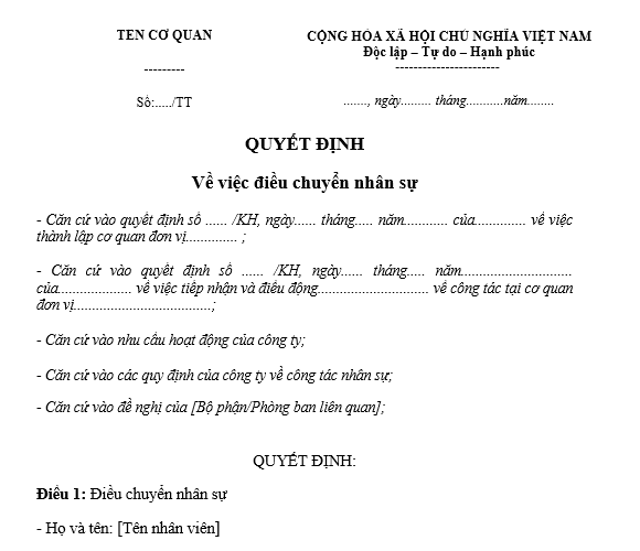 QUYẾT ĐỊNH Về việc điều chuyển nhân sự