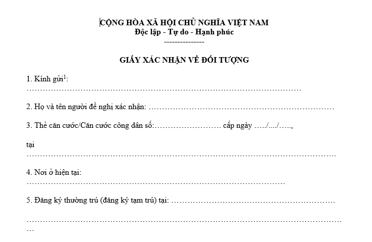 Mẫu giấy tờ chứng minh đối tượng được hưởng chính sách hỗ trợ về nhà ở