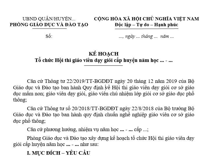 Mẫu Kế hoạch tổ chức Hội thi giáo viên dạy giỏi cấp huyện