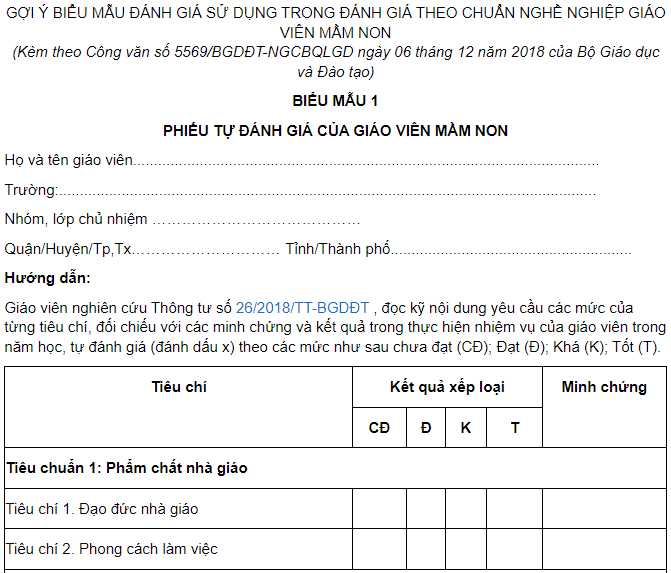 Phiếu đánh giá chuẩn nghề nghiệp giáo viên mầm non