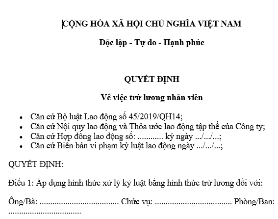 Mẫu quyết định trừ lương nhân viên