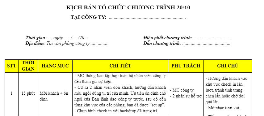 Tải kịch bản chương trình tặng quà 20 10