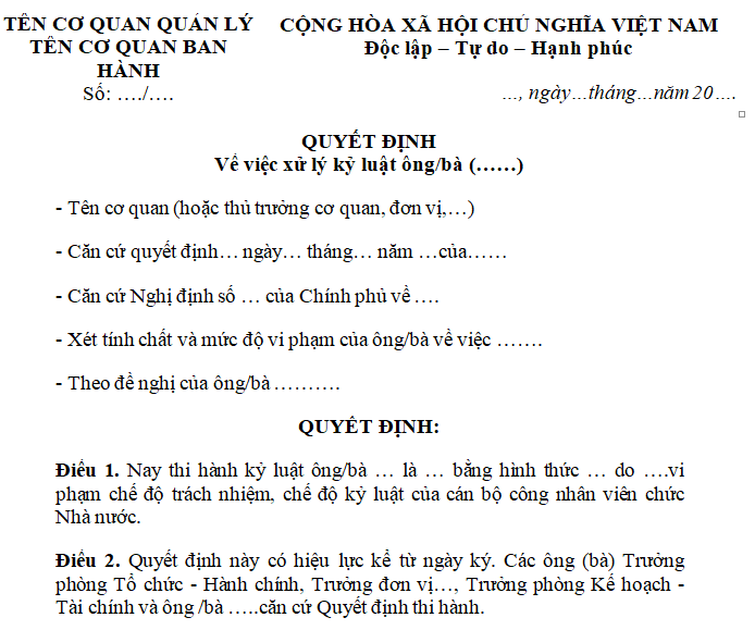 Mẫu quyết định kỷ luật viên chức 2024