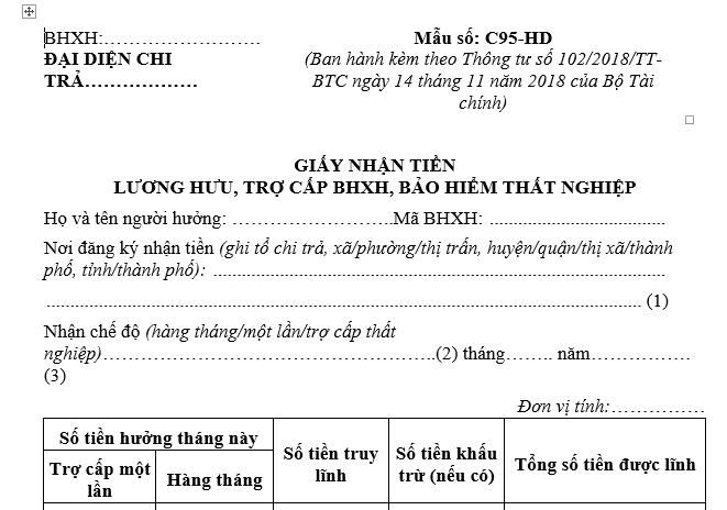 giấy nhận tiền lương hưu