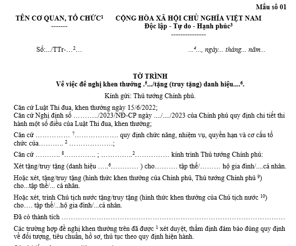 Tờ trình đề nghị khen thưởng theo Nghị định 98 