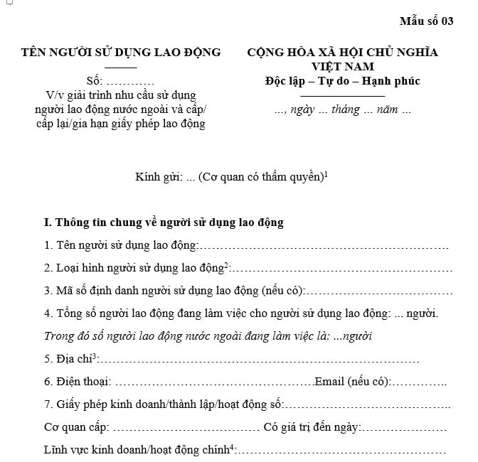 Mẫu đơn giải trình nhu cầu sử dụng người lao động nước ngoài và gia hạn giấy phép lao động cho người lao động nước ngoài chuẩn theo Nghị định 219 là mẫu nào?