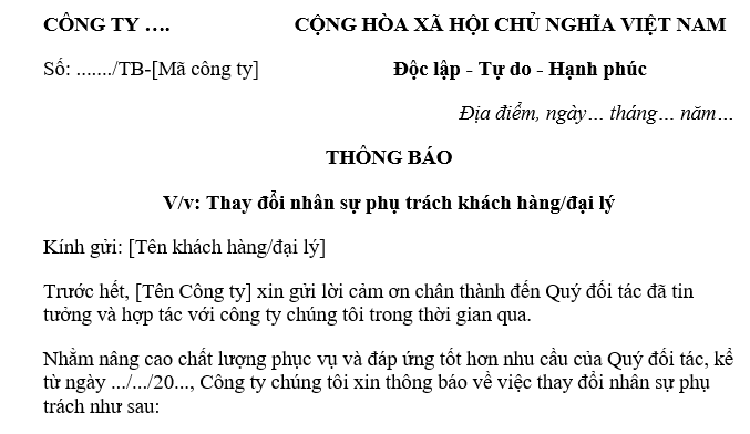 Chi tiết Mẫu Thông báo thay đổi nhân sự phụ trách khách hàng, đại lý dành cho doanh nghiệp mới nhất là mẫu nào?