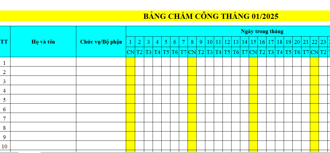 Mẫu bảng chấm công Excel theo tháng mới nhất 2025 cho doanh nghiệp là mẫu nào?