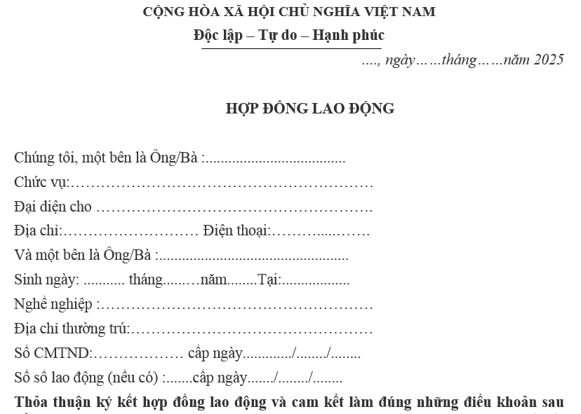 Mẫu hợp đồng lao động kèm thử việc chuẩn theo Bộ luật Lao động mới nhất gồm các nội dung chủ yếu nào?