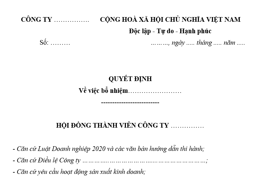 Mẫu quyết định bổ nhiệm nhân sự 2025 mới nhất dành cho công ty là mẫu nào?