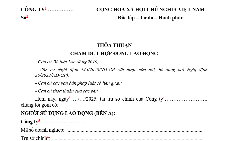 Mẫu thỏa thuận chấm dứt hợp đồng lao động 2025 khi chưa hết thời hạn hợp đồng thế nào?