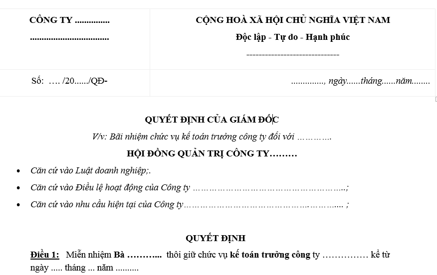 Mẫu quyết định bãi nhiệm kế toán trưởng công ty TNHH, công ty cổ phần 2025 là mẫu nào?