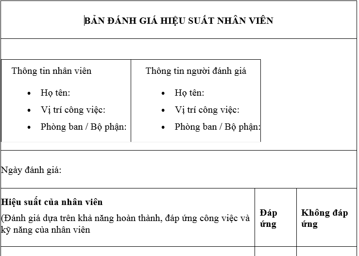 Mẫu bảng đánh giá hiệu suất làm việc của nhân viên là mẫu nào?